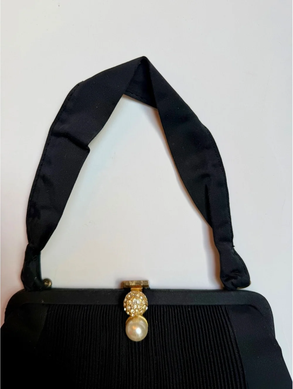 Vintage Garay Black Pleated Evening Handbag Rhinestone Pearl Clasp Purse